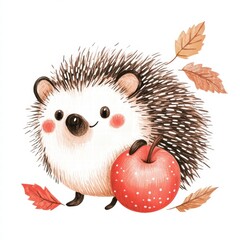 Poster - Illustrated hedgehog carrying a red apple among autumn leaves in a whimsical forest setting. Generative AI