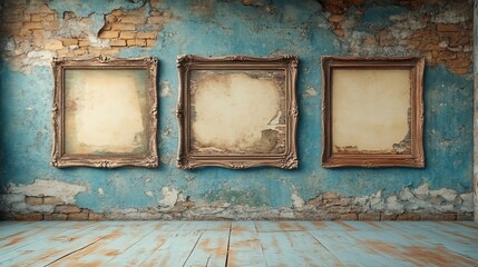 Wall Mural - Empty vintage frames displayed on a weathered blue wall in an abandoned room