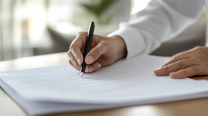 Poster - Close up view of a female hand gripping a pen, writing detailed notes on paper while working at an office desk, with a window providing natural light in the background