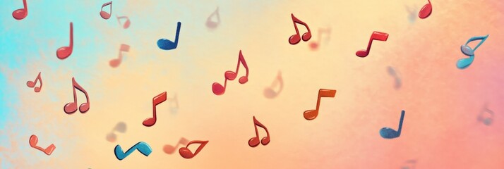Poster - Colorful music notes are falling against a vibrant and textured background, creating a visually appealing representation of musicality, melody, and harmony