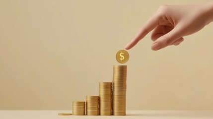 Fototapete - Woman's finger gently pushes a golden coin onto a stack of similar coins, forming an upward trend, representing investment growth and financial success