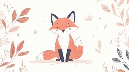 Poster - Illustrated fox sits peacefully among minimalist leaves in a calm and whimsical setting. Generative AI