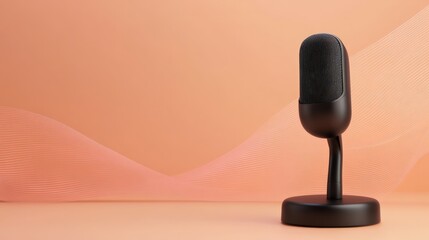 Poster - Modern black microphone standing on peach colored surface with elegant wavy design in background, creating visually appealing setup for recording music or podcasts