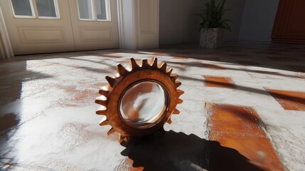 Wall Mural - Sunlit Gear Ornament on Tiled Floor in Bright Interior with Natural Light Reflections