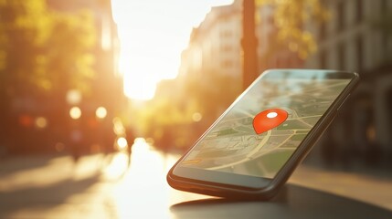 Poster - Mobile phone displaying navigation map with red geotag marker pinpointing current location on bright sunny urban street, providing convenient wayfinding and location based services