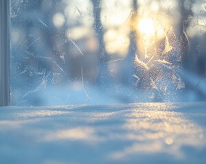 Poster - Frosty winter window with snowy foreground and sunset.