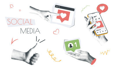 Aufkleber - Social media vintage collage conception set in retro halftone design. Collection with hands holds mobile phone with online profile, sharing posts, collects likes and followers. Vector illustration.