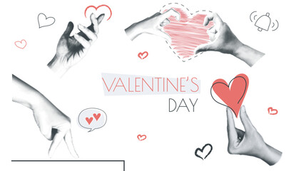 Aufkleber - Valentines day vintage collage conception set in retro halftone design. Collection with hands holding different hearts, sentimental and romantic emotion symbols for holiday. Vector illustration.