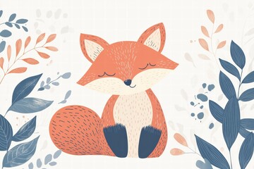 Poster - Colorful illustrated fox sitting peacefully among minimalist leaves in a serene woodland setting. Generative AI