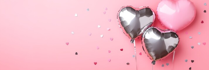 Poster - Heart shaped balloons floating on a pink background create a romantic atmosphere, perfect for valentine's day, anniversaries, or celebrating love and affection