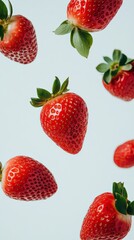 Aufkleber - Ripe red strawberries with vibrant green leaves levitating against a light blue background, creating an eye catching and refreshing visual perfect for summer themes and healthy eating