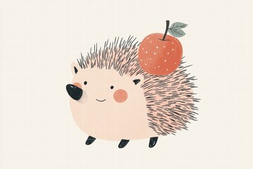Aufkleber - Cute hedgehog happily carries an apple on its back in a whimsical illustration suitable for childrens decor. Generative AI