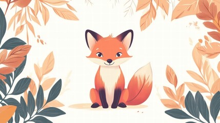 Poster - Illustrated fox sitting comfortably among minimal leaves in a serene autumn setting. Generative AI