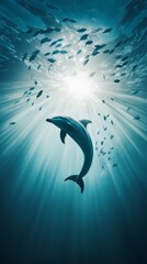 Poster - Underwater view of a dolphin swimming gracefully amidst sunbeams penetrating the ocean surface, with a school of fish above creating a serene and captivating scene