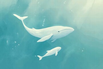 Poster - Mother whale and calf swim gracefully in crystal clear blue ocean waters. Generative AI