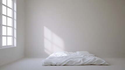 Fototapete - Sunlight is streaming through window, illuminating white unmade bed and casting shadows on wall in minimalist bedroom, creating peaceful and serene atmosphere