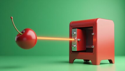 Poster - Cherry safe with laser obstacle on right. Soft orange background. Copy space for text, 3D render AI Generated Designer Element