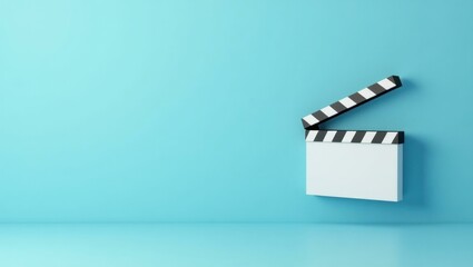Poster - Clapperboard in checkered black and white on left. Soft coral background. Copy space for text, 3D render AI Generated Designer Element