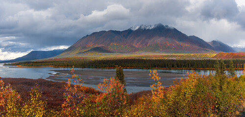Wall Mural - scenic panoramic view of susitna river landscape along denali highway in alaska.