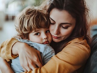 a woman and child hugging on a couch