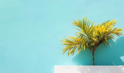 a single palm leaf or a small cluster of leaves against the turquoise sky and white wall