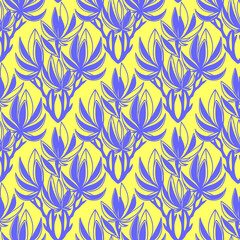 seamless blue graphic floral pattern on yellow background, texture