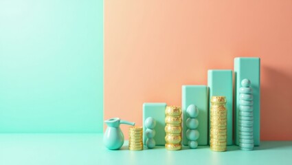 Leinwandbilder - Coral pink dumbbell on right. Soft green background. Copy space for text, 3D render AI Generated Designer Element