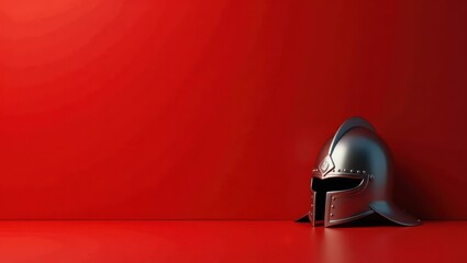 Poster - Ironwork gray knight's helmet on right. Soft blue background. Copy space for text, 3D render AI Generated Designer Element