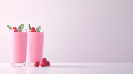 Poster - Two glasses of refreshing raspberry smoothie are garnished with fresh mint and raspberries. Sitting on a pristine white surface against a matching backdrop. Creating a clean and inviting presentation