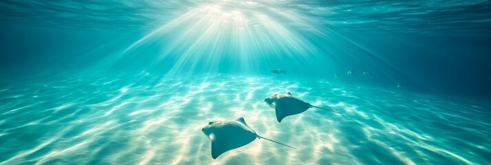 Poster - Sunbeams filtering through crystal clear turquoise water illuminate two stingrays gracefully gliding over a sandy seabed, creating a mesmerizing underwater scene