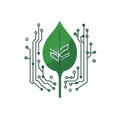 Wall Mural - Green leaf circuit technology eco design, white background, sustainable future