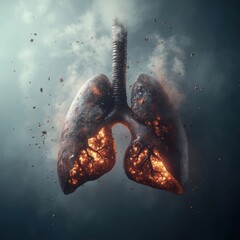 Poster - Realistic lungs surrounded by smog and dust particles highlighting the impact of pollution on respiratory health. Generative AI