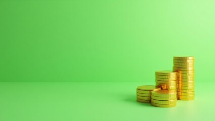 Poster - Golden coin stack on left. Soft green background. Copy space for text, 3D render AI Generated Designer Element