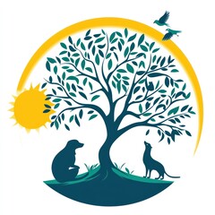 Wall Mural - Dog and cat under tree with sun