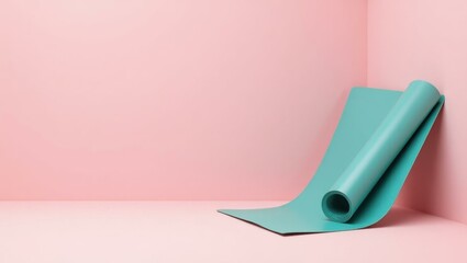 Poster - Deep teal yoga mat on left. Soft coral background. Copy space for text, 3D render AI Generated Designer Element