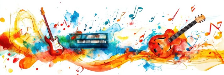 Poster - Colorful celebration of musical creativity featuring guitars, piano, and vibrant notes. Generative AI