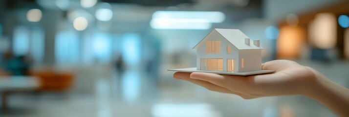 Poster - Real estate agent is holding a small model house in an office, representing the concept of buying, selling, or renting property
