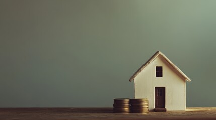 Poster - Stacks of coins beside a miniature house on a wooden surface represent real estate investment, mortgage, and financial planning