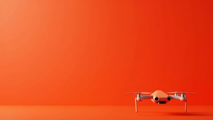 Aufkleber - Orange drone hovering on right. Soft orange background. Copy space for text, 3D render AI Generated Designer Element