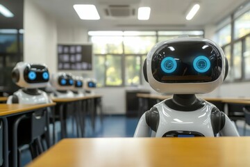 Poster - Robots in a classroom setting engaged in learning activities during the day