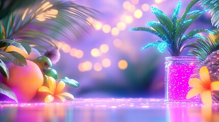 Wall Mural - Vibrant tropical fruits and plant in neon light.