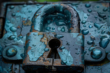 Poster - Rustic padlock with water droplets in dramatic macro photography, showing vintage security device with keyhole against dark background, perfect for cybersecurity and data protection concepts.