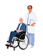 © Creative_Juice_Art - Male doctor with patient woman in wheelchair. Aged medical professional with disabled or injured attractive girl. Vector flat illustration isolated on white background.