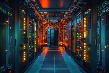 Poster - Advanced data center with colorful lights and organized server racks at nighttime