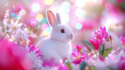 Canvas Print - Adorable white bunny rabbit sitting amidst vibrant pink and white flowers in a sunny garden.