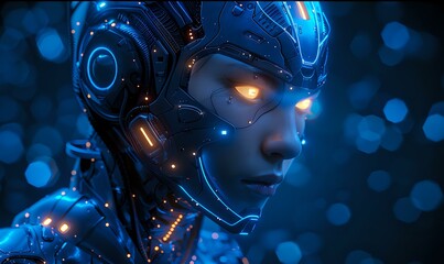 Poster - Futuristic cybernetic being with glowing elements and technological enhancements against dark background with bokeh lights, perfect for sci-fi concepts and artificial intelligence themes.
