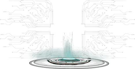 Poster - futuristic portal stands at the center, surrounded by glowing digital circuits. This design embodies innovation and advanced technology, reflecting a high-tech atmosphere