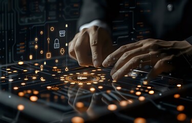 Poster - Male hands typing on keyboard with glowing orange cybersecurity icons overlay, digital transformation concept for network protection and data privacy in dark atmosphere.