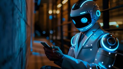 Poster - Futuristic humanoid robot in white armor with glowing blue accents using smartphone in dark urban environment. Perfect for AI technology, automation and digital transformation concepts.