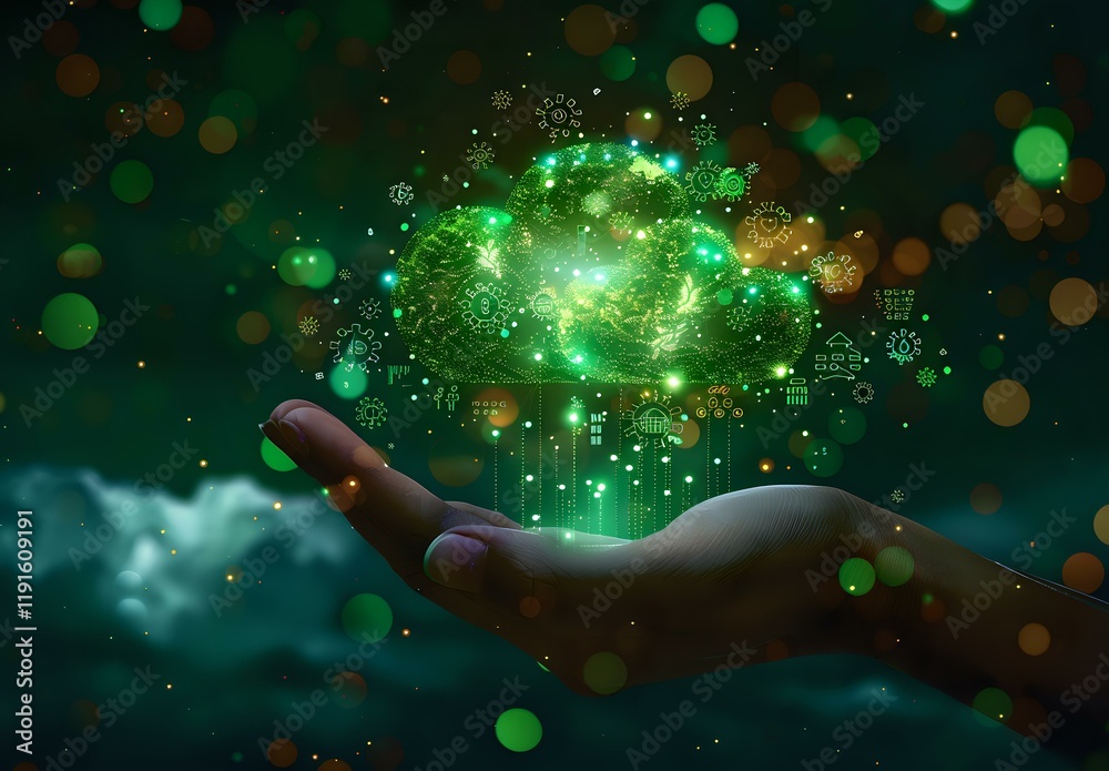 Magical glowing green cloud computing concept with digital data streams ...